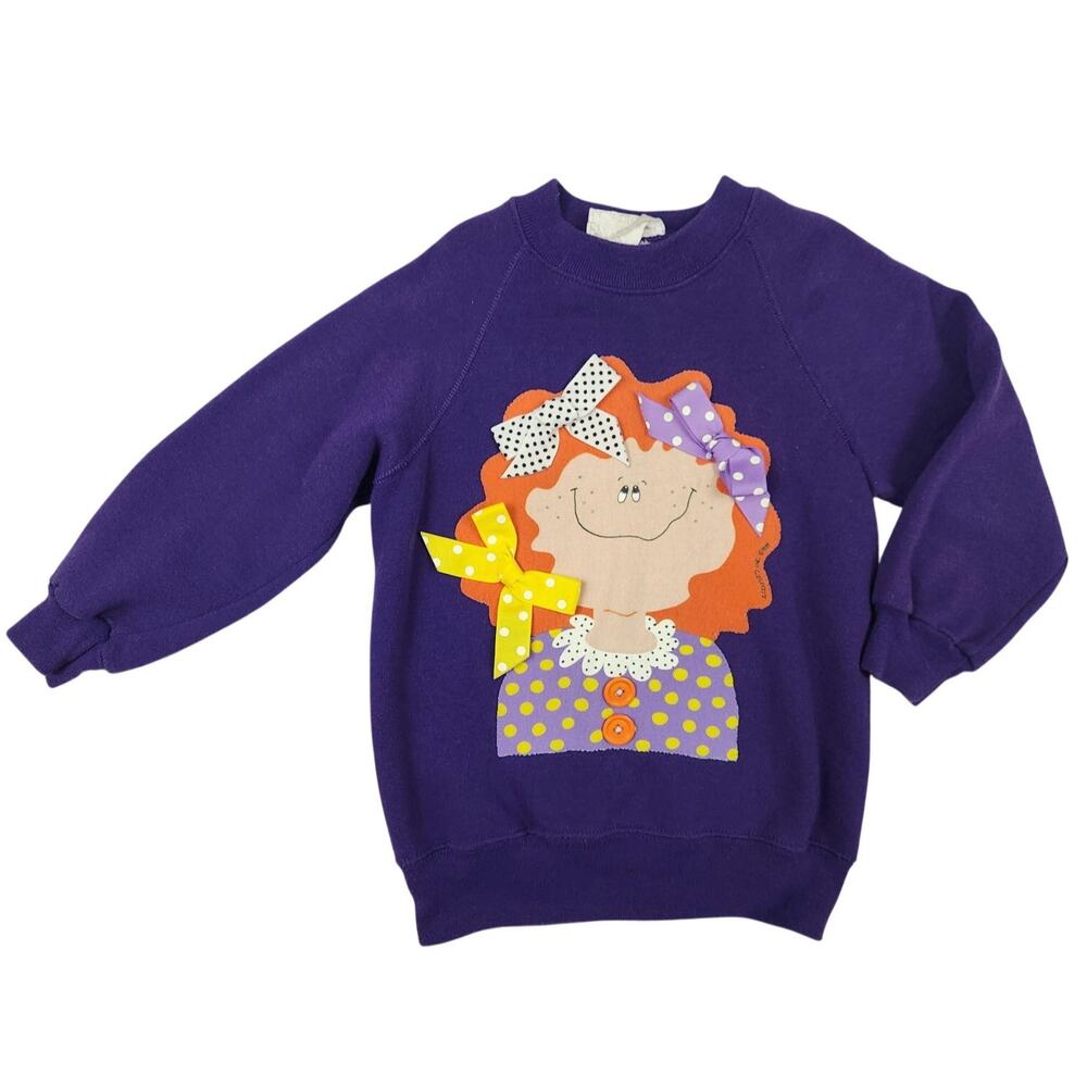 Zoodles 5/6 Vintage Rag Doll Sweatshirt Purple Polka Dot Bow Red Hair USA Kids